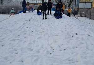 Chłopcy zjeżdżają z górki na sankach