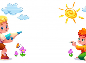 Rysunek dzieci rysujących kredkami słońce, chmury i kwiaty